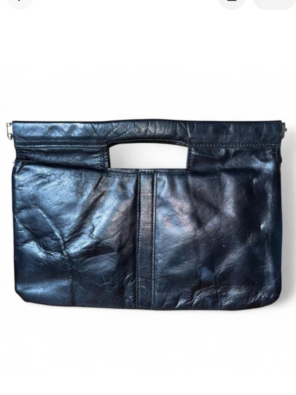 80s VTG Black Leather Envelope Clutch with Flex Metal Frame Closure 12" x 8.5"